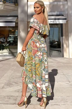 Green Paisley Multi Printed Bardot Style Midi Dress