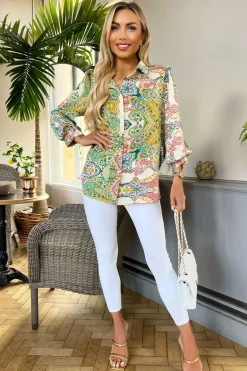 Green Paisley Multi Print Button Front 3/4 Sleeve Shirt