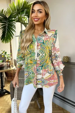 Green Paisley Multi Print Button Front 3/4 Sleeve Shirt