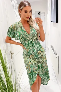 Green Paisley Printed V-Neck Belted Wrap Midi Dress
