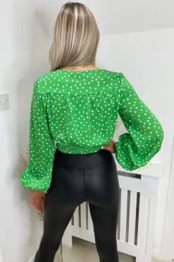 Green Polka Dot Front Knot Crop Top