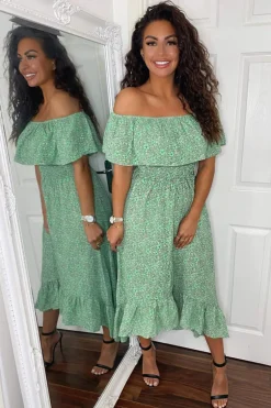 Green Printed Bardot Style Midi Dress