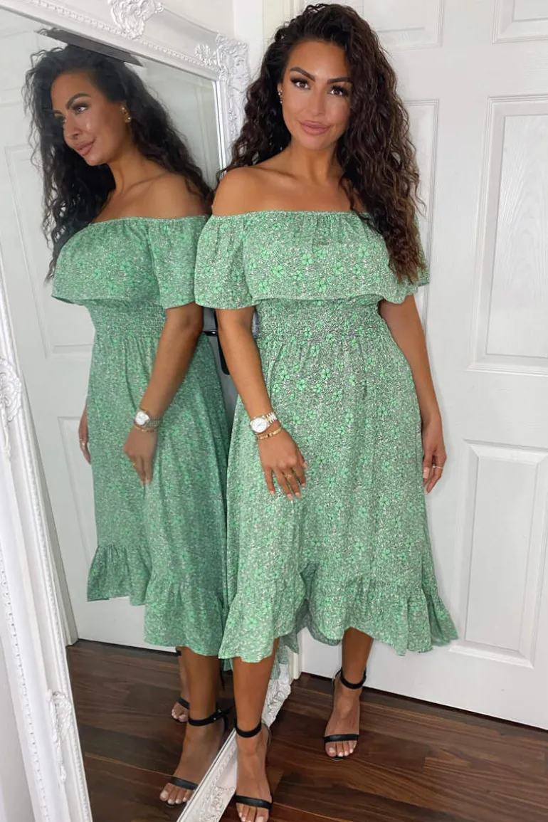 Green Printed Bardot Style Midi Dress