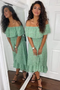 Green Printed Bardot Style Midi Dress