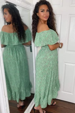 Green Printed Bardot Style Midi Dress