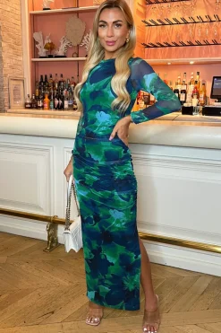 Green Printed Mesh Long Sleeve Bodycon Midi Dress