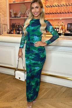 Green Printed Mesh Long Sleeve Bodycon Midi Dress