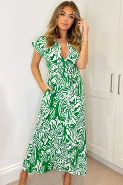 Green Printed Short Sleeve Belted Midi Shirt Dress