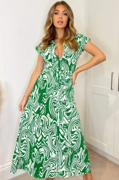 Green Printed Short Sleeve Belted Midi Shirt Dress