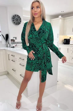Green Printed Tie Wrap Long Sleeve Mini Dress