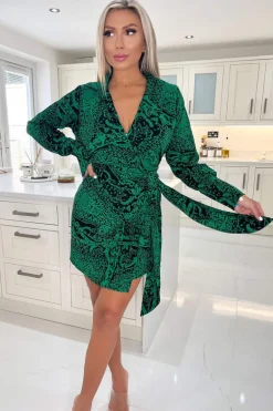 Green Printed Tie Wrap Long Sleeve Mini Dress