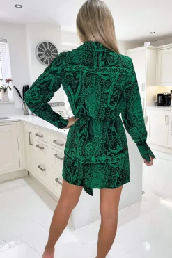 Green Printed Tie Wrap Long Sleeve Mini Dress