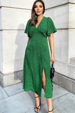 Green Printed V-Neck Short Sleeve Midi Dress