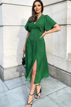 Green Printed V-Neck Short Sleeve Midi Dress