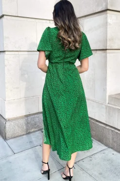 Green Printed V-Neck Short Sleeve Midi Dress