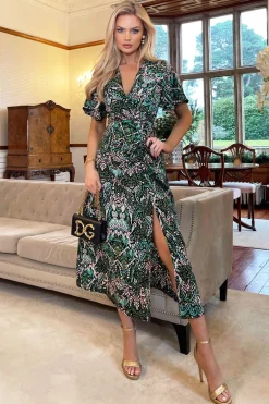 Green Printed V-Neck Split Skirt Midi Dress