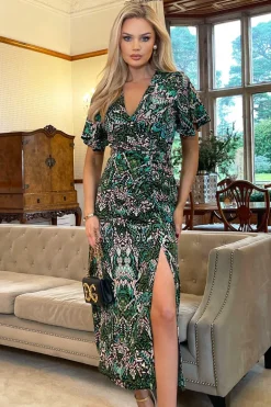 Green Printed V-Neck Split Skirt Midi Dress