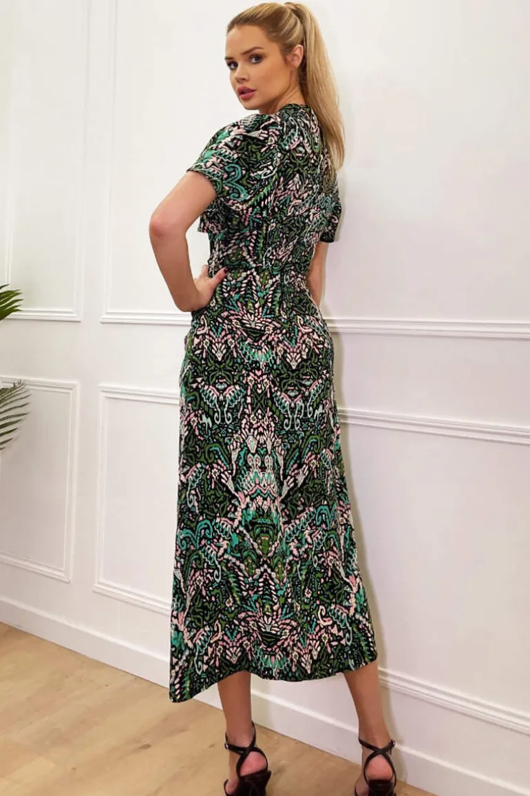Green Printed V-Neck Split Skirt Midi Dress