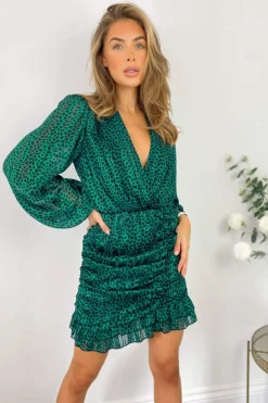 Green Ruched Long Sleeve Mini Dress