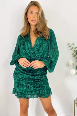 Green Ruched Long Sleeve Mini Dress
