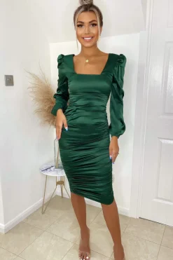 Green Satin Square Neck Ruched Dress