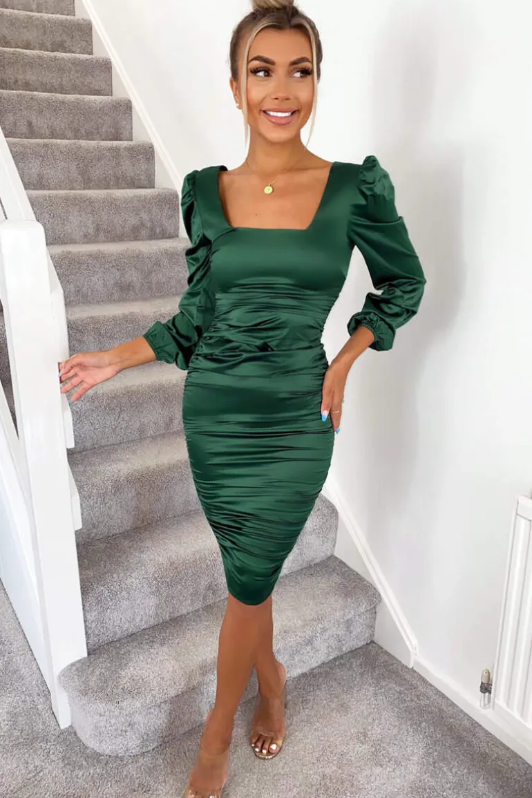 Green Satin Square Neck Ruched Dress