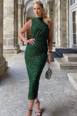 Green Sequin Ruched Side Split Leg Midi Dress
