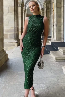 Green Sequin Ruched Side Split Leg Midi Dress