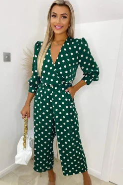 Green Spot Wrap Over Jumpsuit