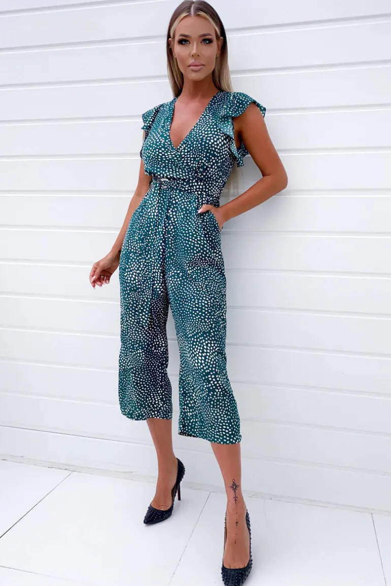 Green Spotted Belted Wrap Jumpsuit
