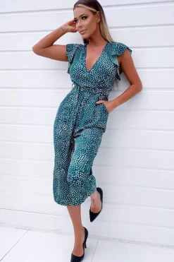 Green Spotted Belted Wrap Jumpsuit