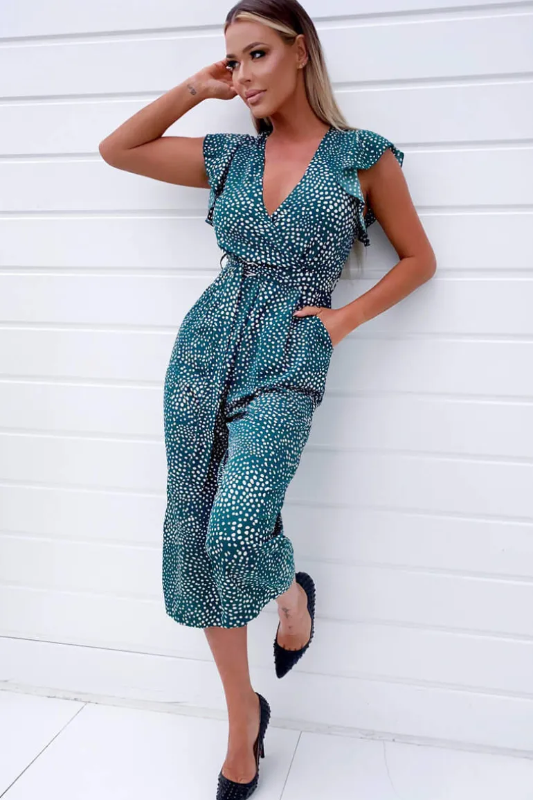 Green Spotted Belted Wrap Jumpsuit