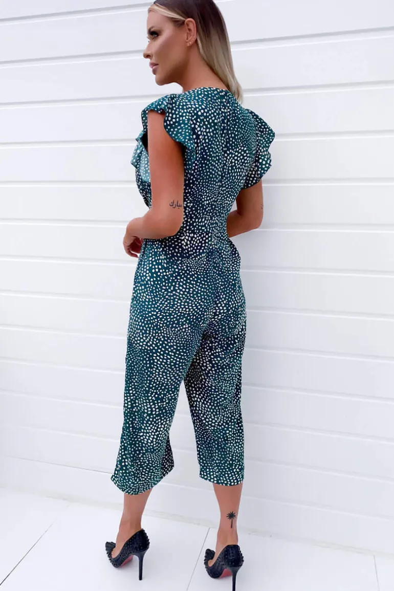 Green Spotted Belted Wrap Jumpsuit
