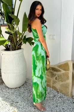 Green Tie Dye Print One Shoulder Cut Out Pleated Midi Dress