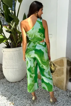 Green Tie Dye Print One Shoulder Cut Out Jumpsuit
