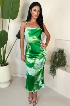 Green Tie Dye Print Ruched Side Strappy Midi Dress