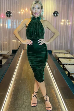 Green Velvet Halterneck Midi Dress