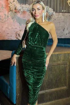 Green Velvet One Sleeve Ruched Midi Dress