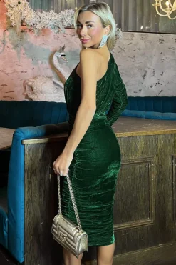 Green Velvet One Sleeve Ruched Midi Dress