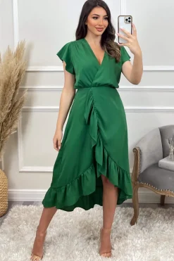 Green Wrap Over Frill Hem Short Sleeve Midi Dress