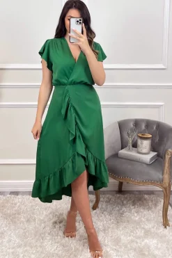 Green Wrap Over Frill Hem Short Sleeve Midi Dress