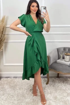 Green Wrap Over Frill Hem Short Sleeve Midi Dress