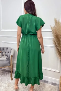 Green Wrap Over Frill Hem Short Sleeve Midi Dress