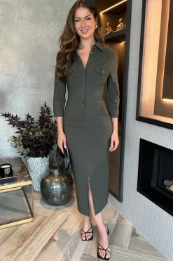 Greige Stretch Cotton Utility Style 3/4 Sleeve Midi Dress