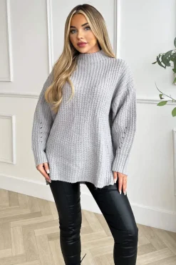Grey Mock Neck Oversized Knit Jumper