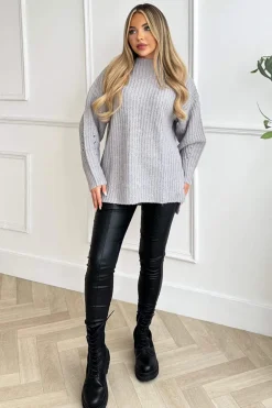 Grey Mock Neck Oversized Knit Jumper