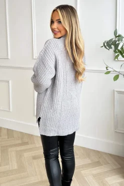 Grey Mock Neck Oversized Knit Jumper
