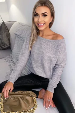 Grey Off The Shoulder Knitted Jumper