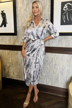 Grey Printed 3/4 Sleeve Side Tie Waist Wrap Shirt Midi Dress