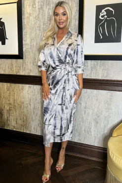 Grey Printed 3/4 Sleeve Side Tie Waist Wrap Shirt Midi Dress